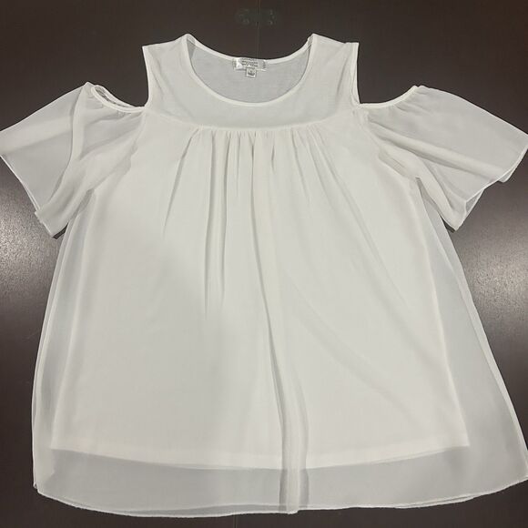 Shannon Ford New York Women's White Chiffon Overlay Cold Shoulder Blouse Size L - Picture 1 of 9